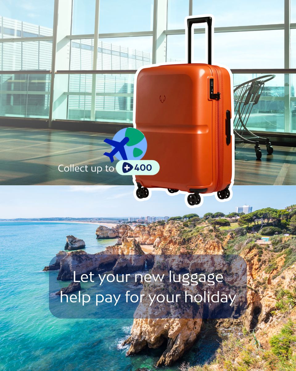Avios social post: orange suitcase, 'Let your new luggage help pay for your holiday'