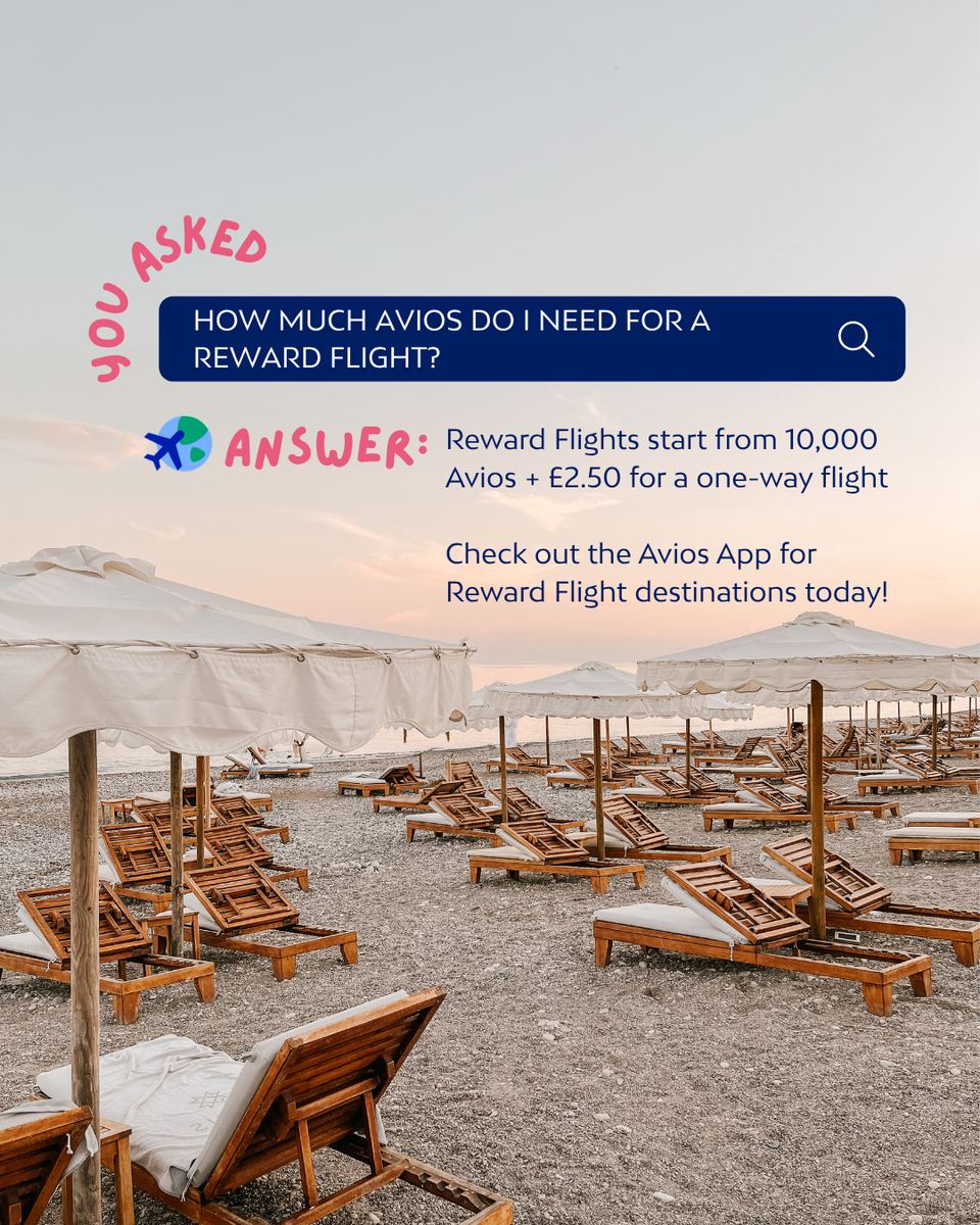 Avios 'You asked, Answer' carousel about reward flight costs over a beach scene