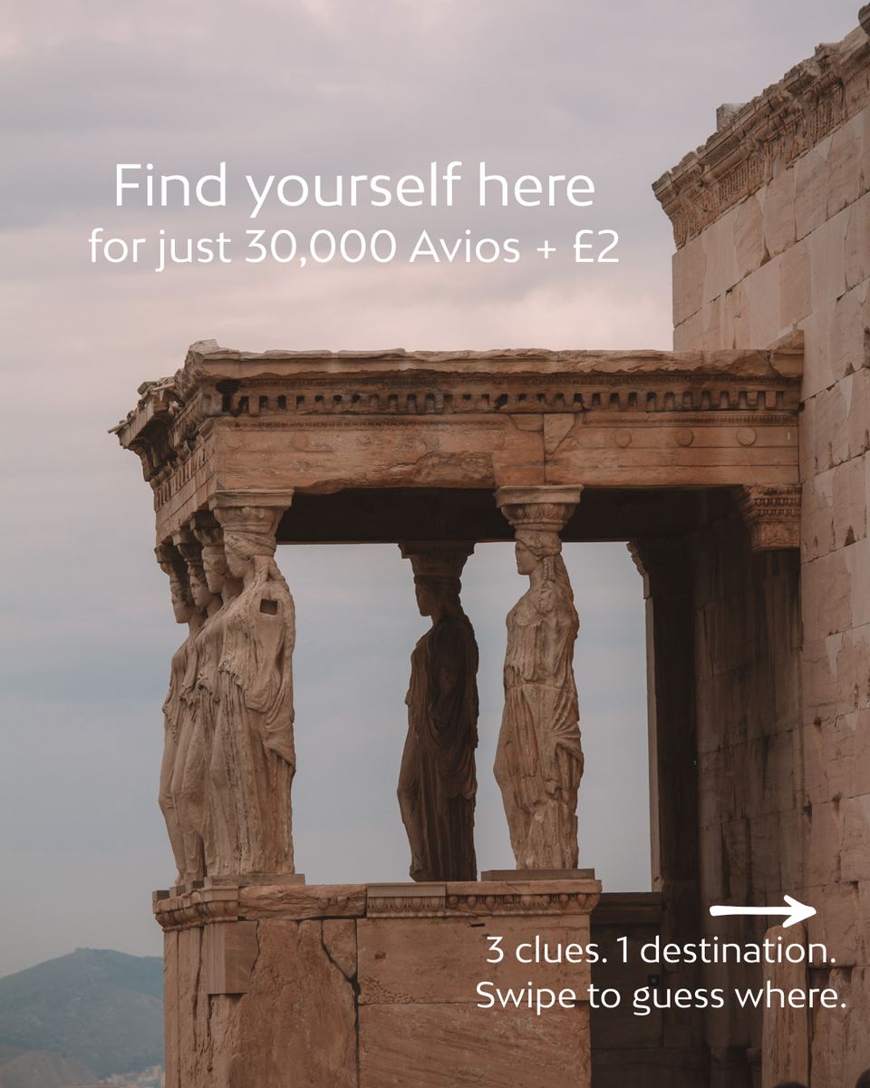 Avios carousel: 'Find yourself here for just 30,000 Avios + £2' over ancient Greek columns
