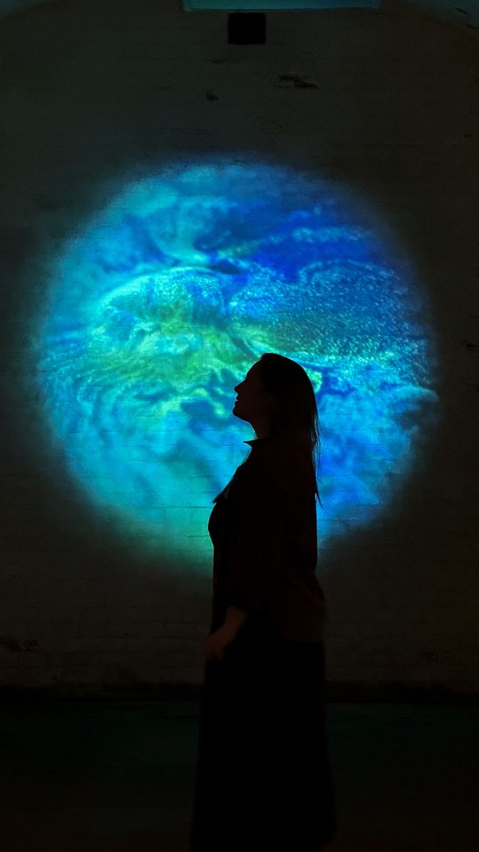 Silhouette in front of a glowing blue planet projection